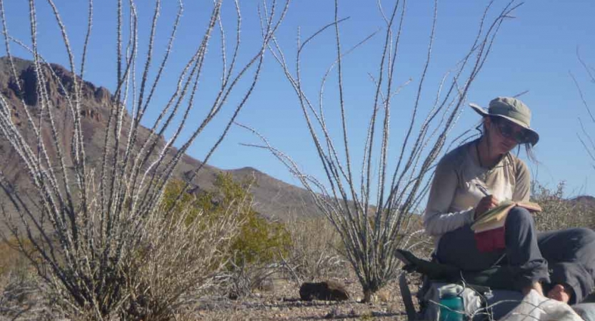 a student writes in their journal amidst a desert landscape